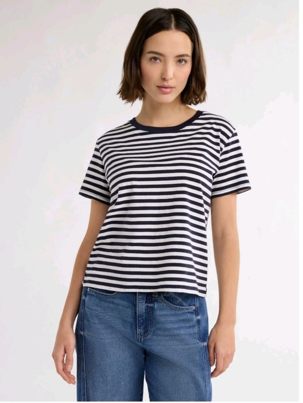 Free Assembly Cropped Boxy T Shirt Organic Cotton Navy Stripe Womens Large 12-14